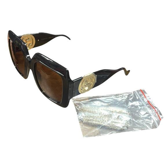 Gucci Oversized Black Square Sunglasses Brown Lens Gold Hardware‎ Chain Case New - Picture 5 of 8